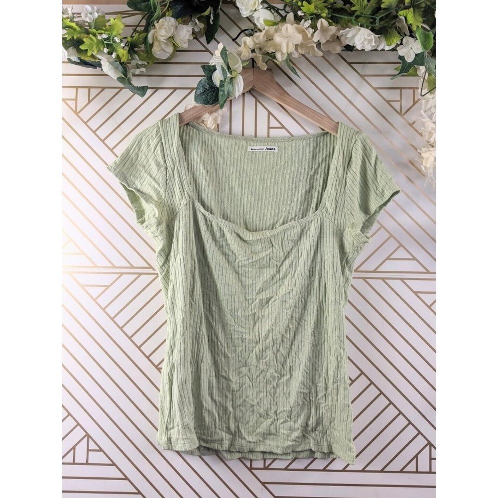 Reformation Ribbed Bardot Green Top Square Neck Size XL